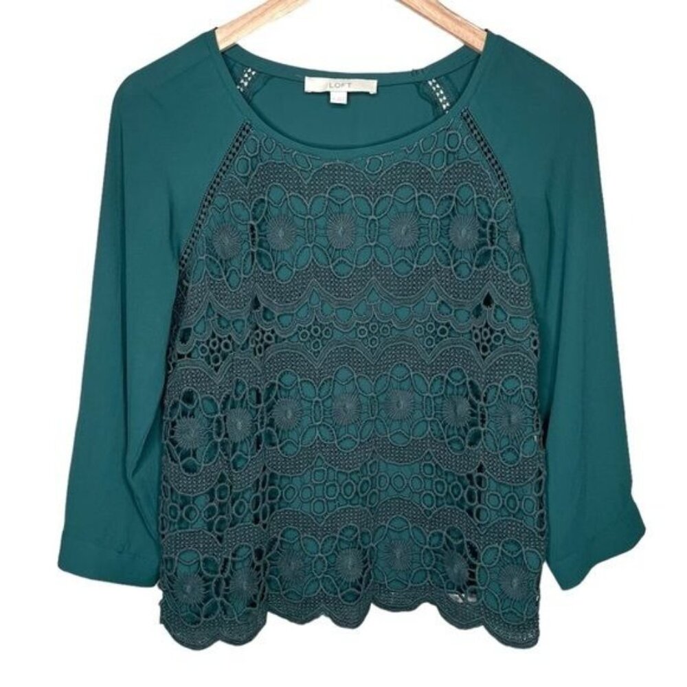 Loft hunter green lace overlay crochet mix media long sleeve dressy top xs